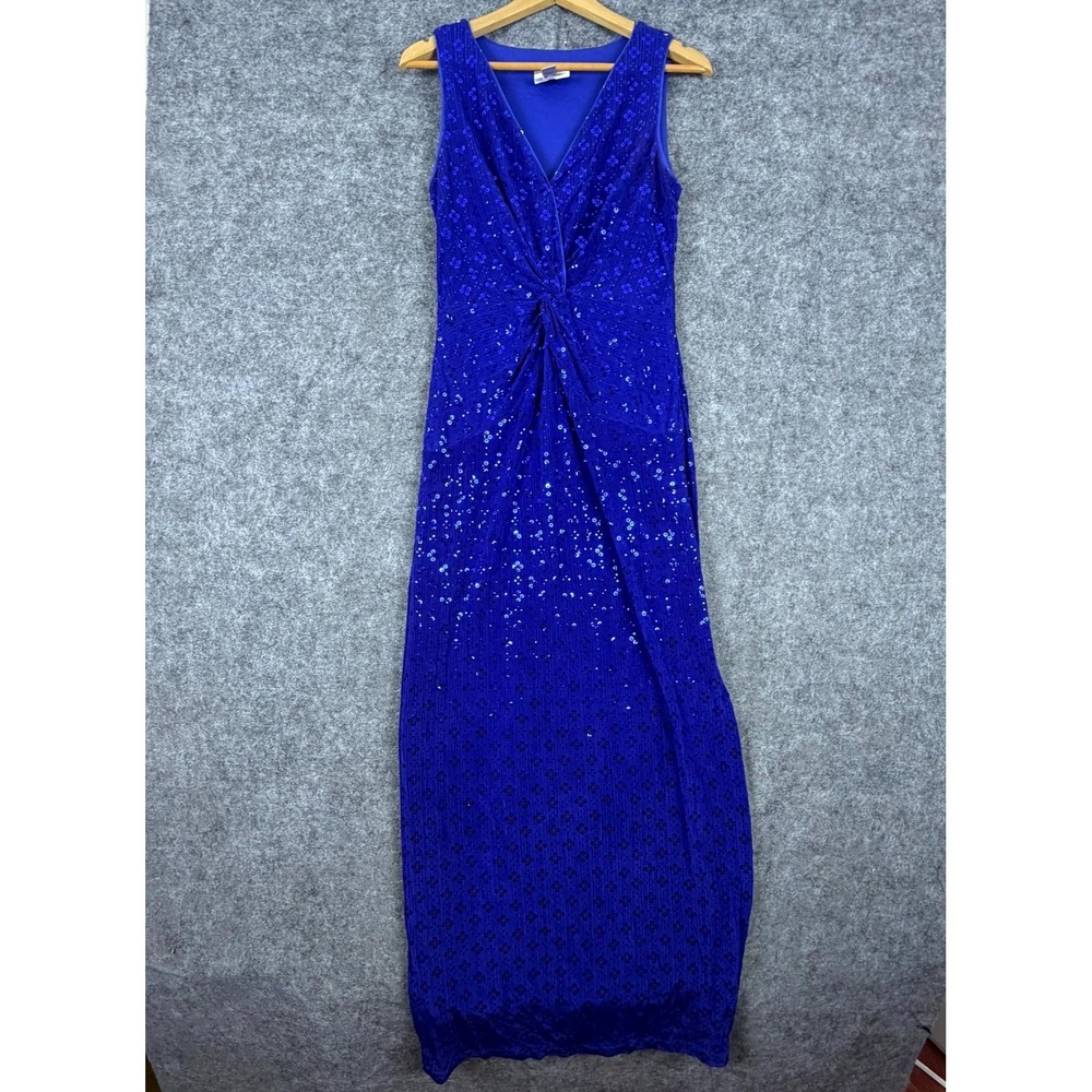 Vintage Joseph Ribkoff Maxi Gown Dress Womens 12 Blue Sequin Sleeveless Formal